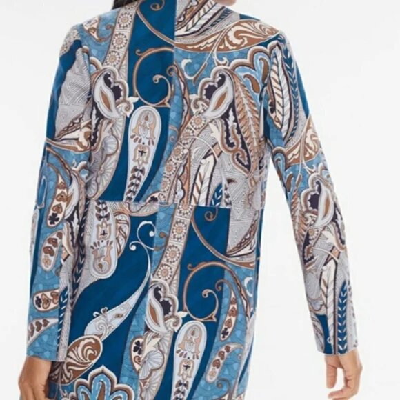 Chicos Faux Suede Jacket Paisley Sz 1 US 8 Medium Blue Beige Open Front Duster - Picture 4 of 15